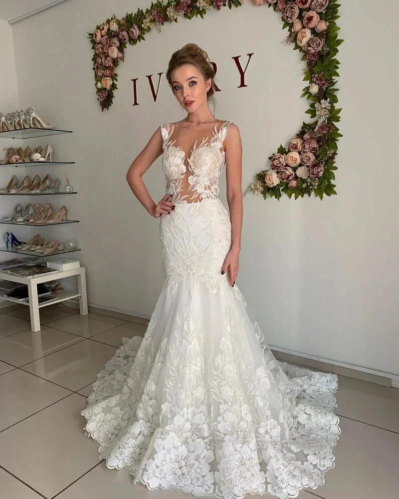 Illusion neck Lace Sleeveless Mermaid Wedding Dress (ZD13825)