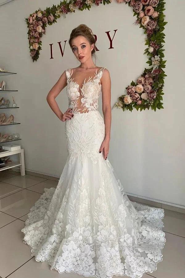 Illusion neck Lace Sleeveless Mermaid Wedding Dress (ZD13825)