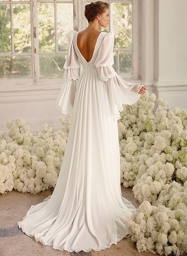 Illusion Neck Long Sleeves Chic A-Line Chiffon Elegant Wedding Dresses Pleated