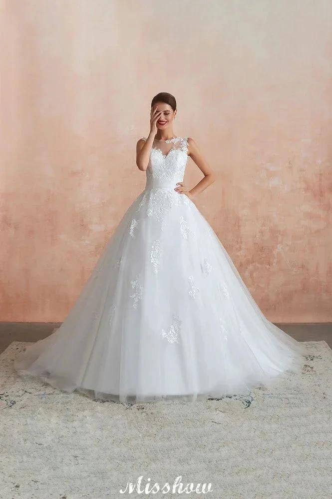 Illusion Neck White Wedding Dress Sleeveless Lace Appliques Bridal Gown online (ZD13976)