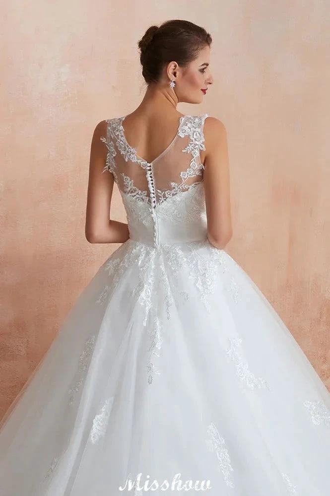 Illusion Neck White Wedding Dress Sleeveless Lace Appliques Bridal Gown online (ZD13976)