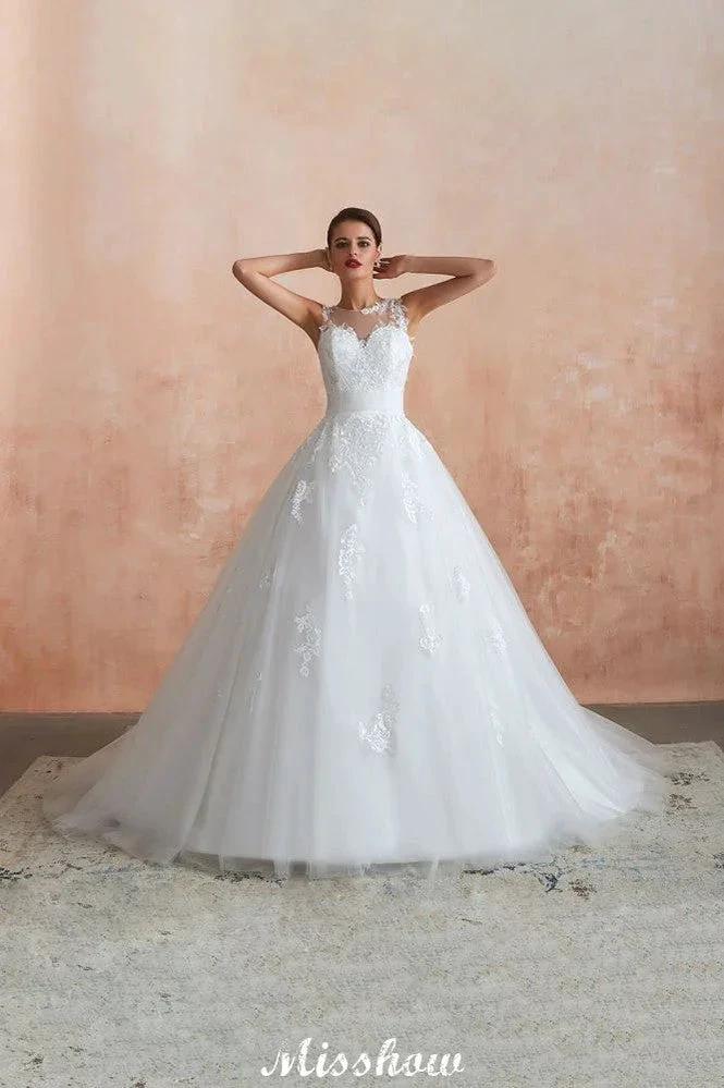 Illusion Neck White Wedding Dress Sleeveless Lace Appliques Bridal Gown online (ZD13976)