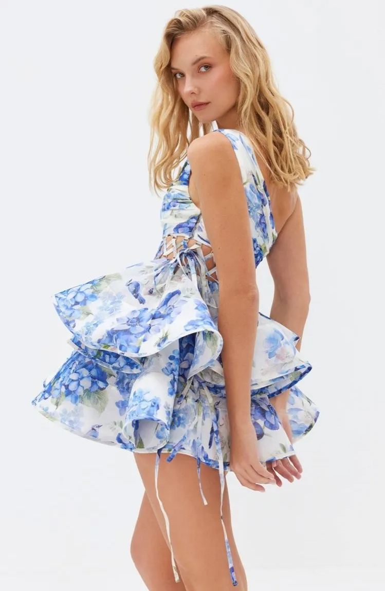 Andrea Floral Printed One - shoulder Mini Chiffon Dress