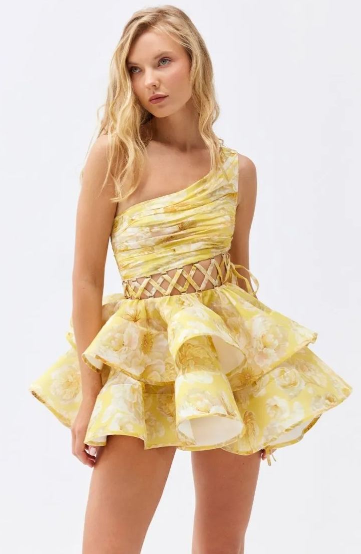 Andrea Floral Printed One - shoulder Mini Chiffon Dress