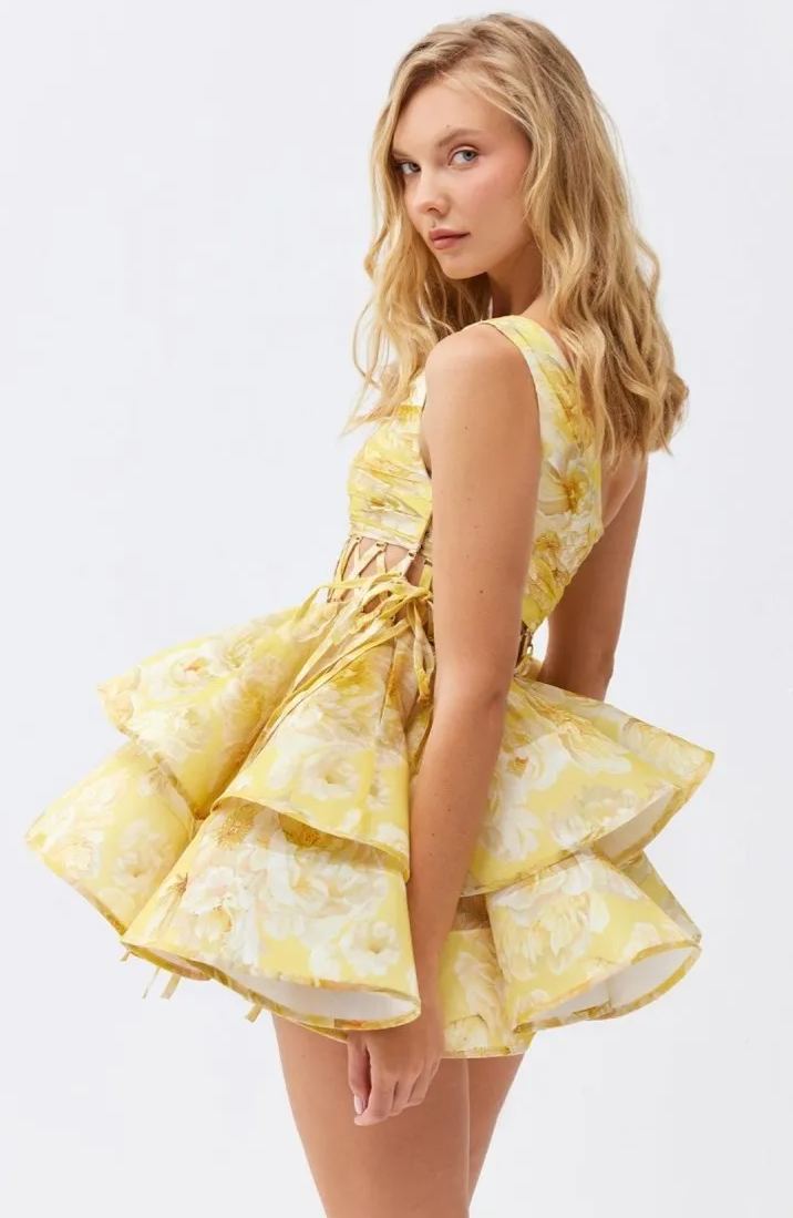 Andrea Floral Printed One - shoulder Mini Chiffon Dress