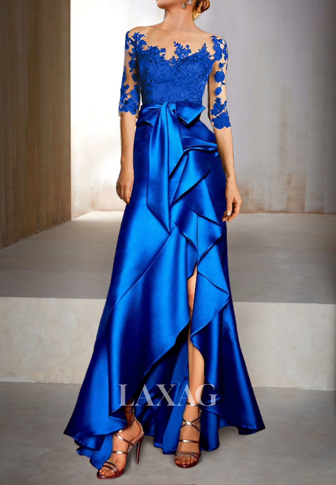 Asymmetrical-Neck Half-Sleeves Sheer Fitted Prom Dress Floral Appliqued Pleated Satin Party Gowns