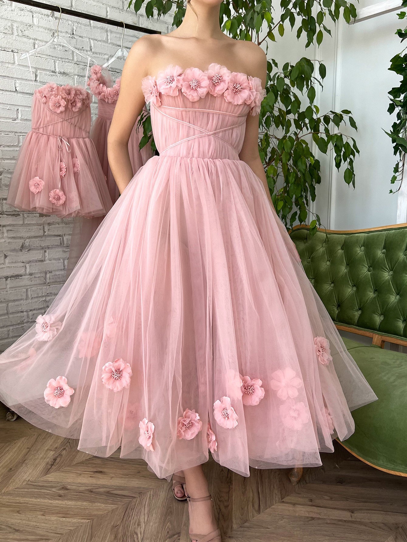 Corset A-Line Pink Strapless Midi Prom Dress With 3D Flowers - Fashionpara