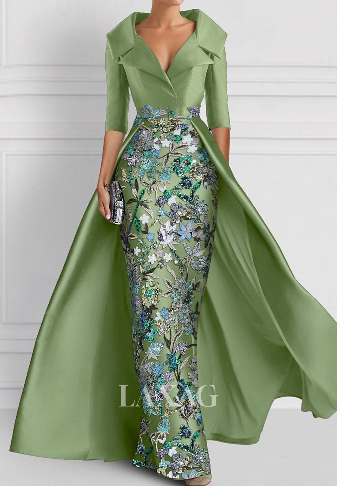 V-Neck Half-Sleeves Pleated Party Gowns Applique Embroidered Mermaid Wedding Guest Dress with Overskirt