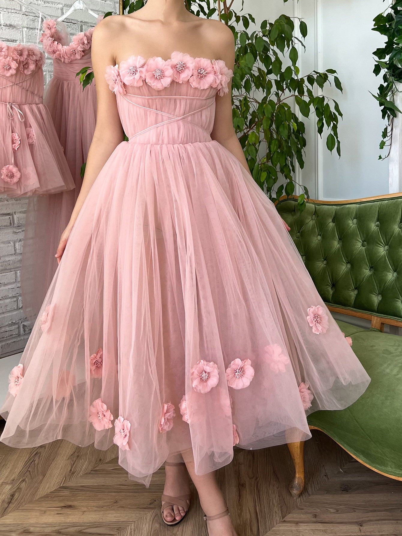 Corset A-Line Pink Strapless Midi Prom Dress With 3D Flowers - Fashionpara