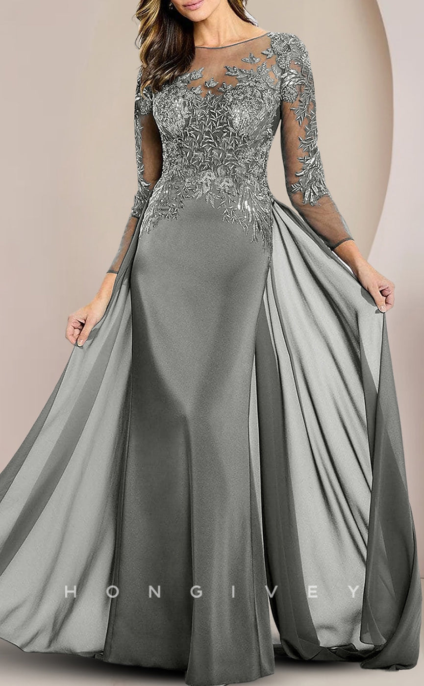 HM195 - Trumpet Scoop Long Sleeves Appliques With Train Mother of the Bride Dress