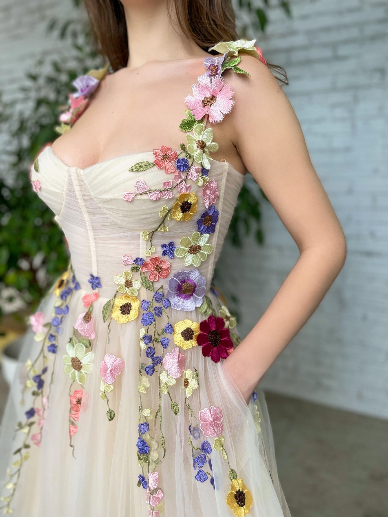 Corset A-Line Champagne Backless Midi Prom Dress With 3D Flowers - Fashionpara