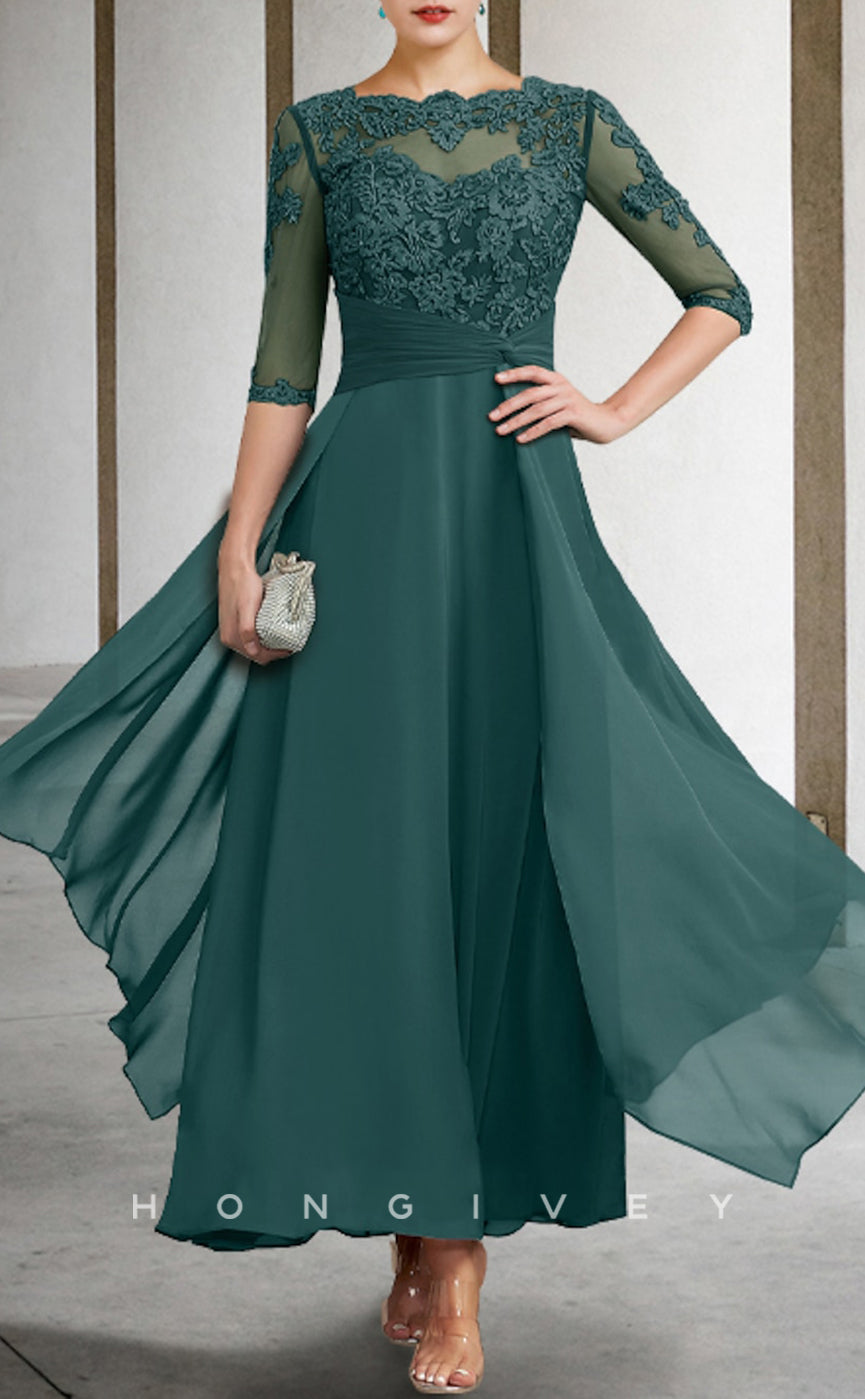 HM208 - A-Line Scoop 3/4 Sleeves Lace Applique Mother of the Bride Dress