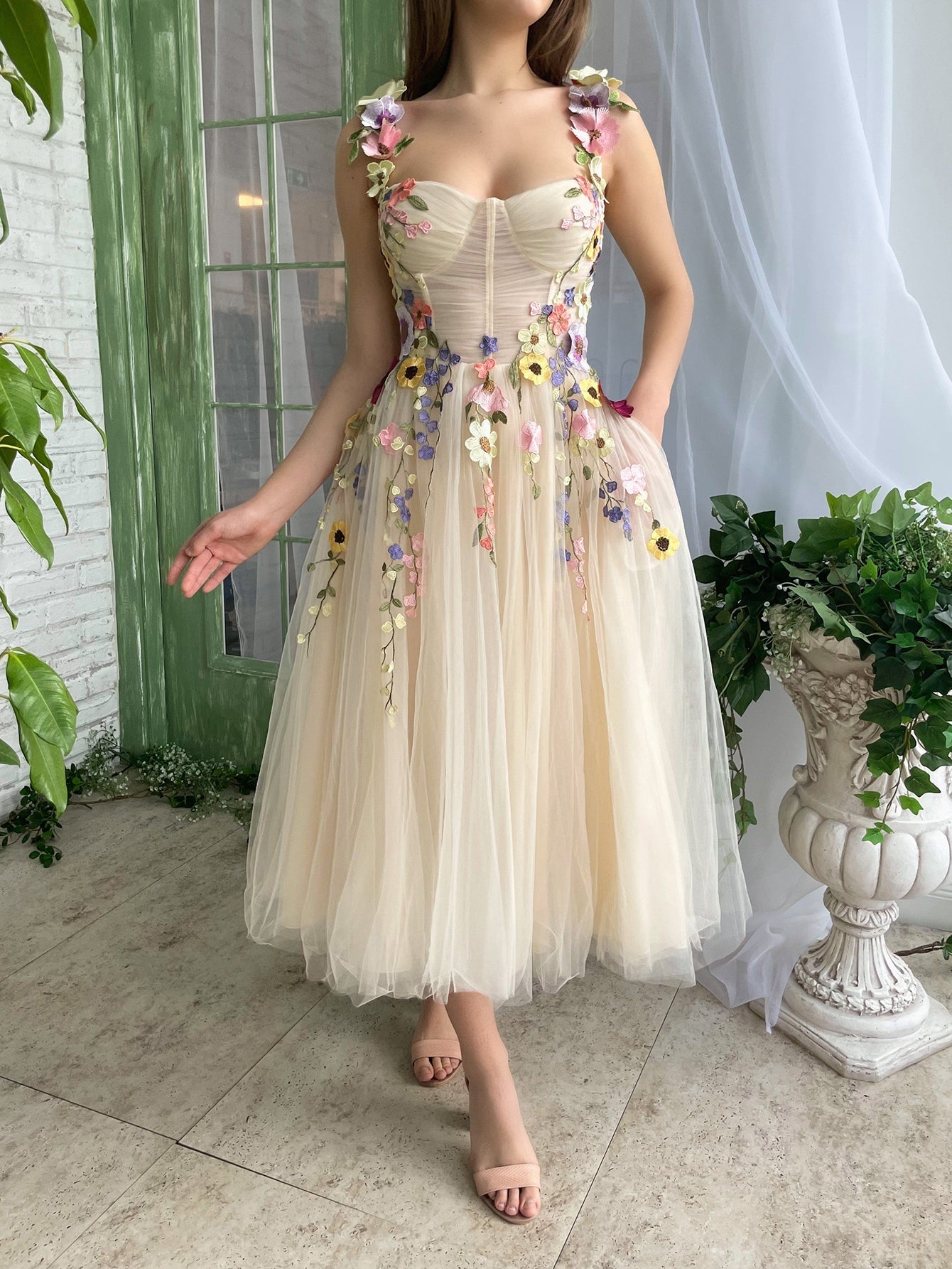 Corset A-Line Champagne Backless Midi Prom Dress With 3D Flowers - Fashionpara