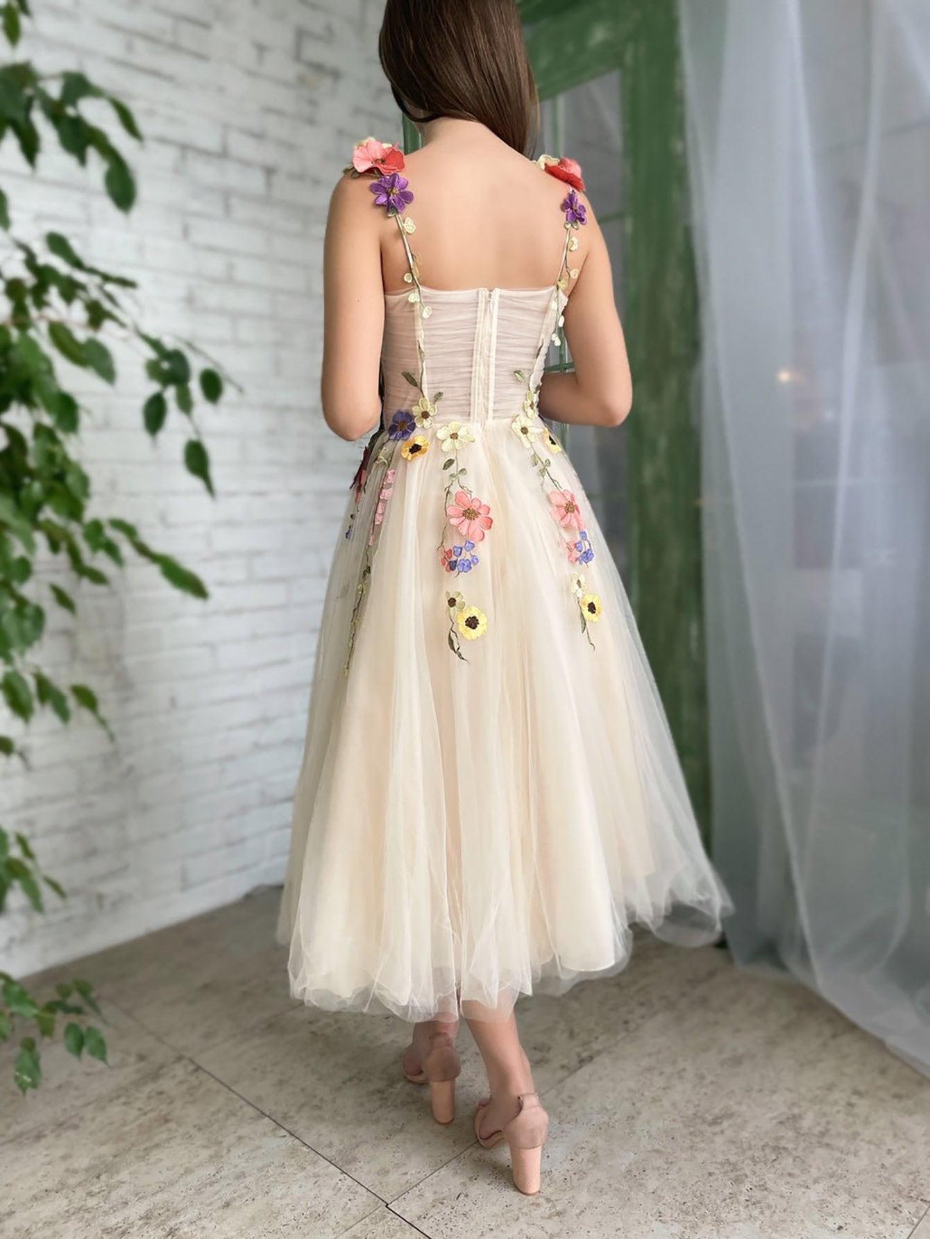 Corset A-Line Champagne Backless Midi Prom Dress With 3D Flowers - Fashionpara