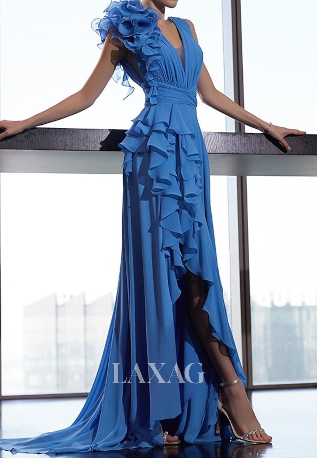 Off-Shoulder Deep V-Neck Sleeveless Mermaid Prom Dress Pleated Tiered Ruffled Chiffon Party Gowns
