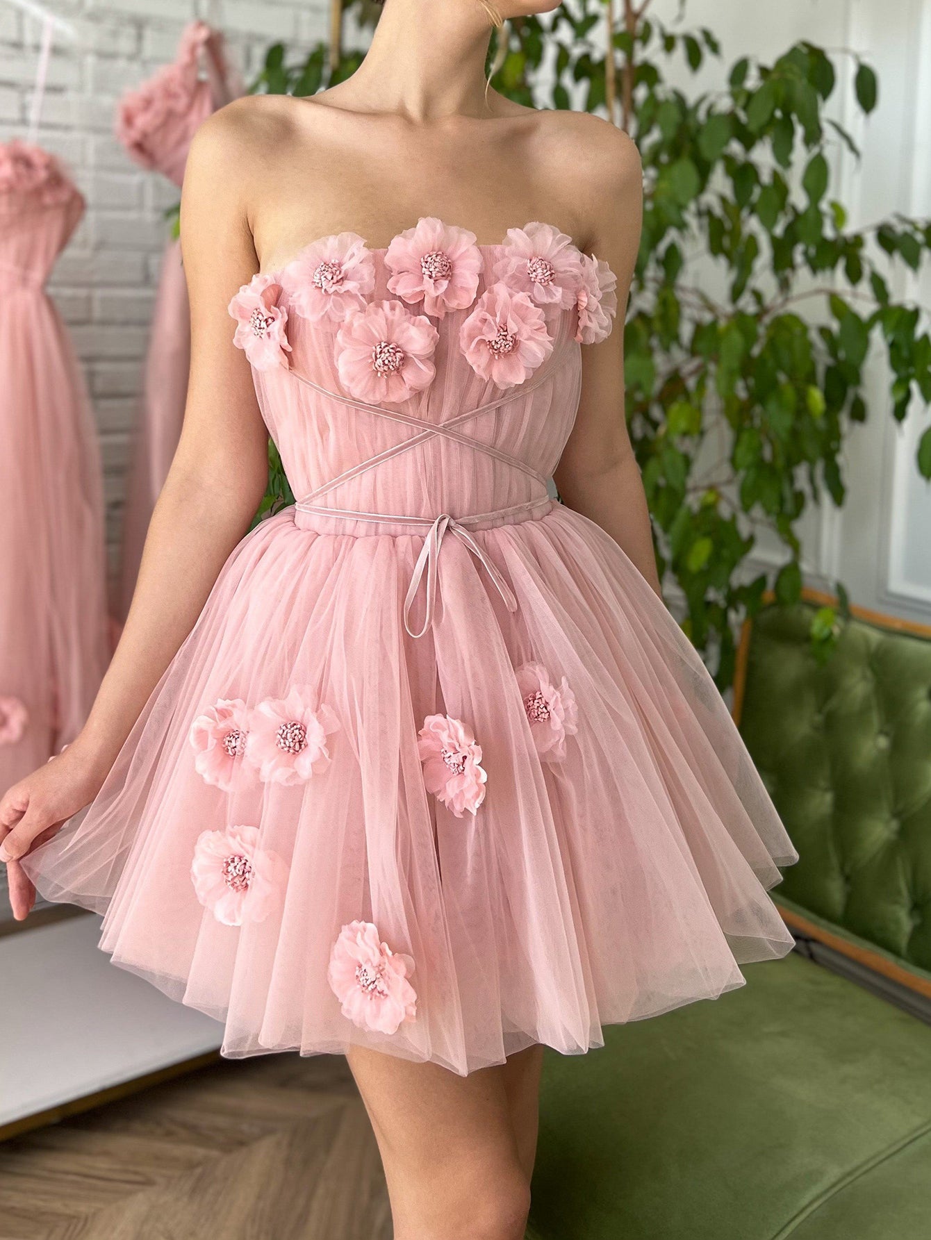 Tulle Pink Corset Strapless Short Homecoming Dress - Fashionpara