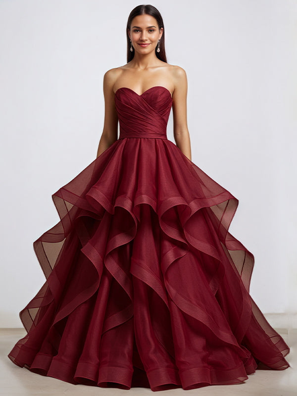 Burgundy A-Line Strapless Wrinkles Long Formal Evening Dress - FashionDia