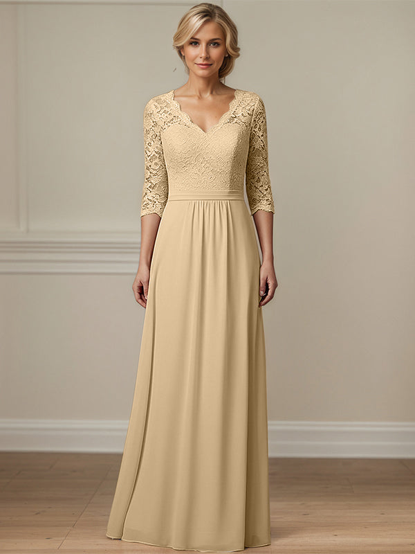 Champagne A Line Scoop-Neck Floor-Length Lace Chiffon Mother Of The Bride Dress With Appliques
