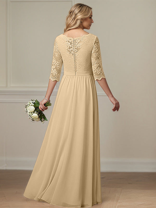 Champagne A Line Scoop-Neck Floor-Length Lace Chiffon Mother Of The Bride Dress With Appliques