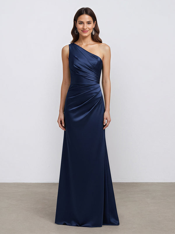 Navy A Line One Shoulder Satin Long Formal Eveing Dress