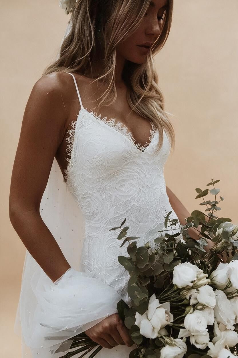 Boho Mermaid V-Neck Spaghetti Straps Wedding Dress with Court Train & Lace Backless | ZapDress