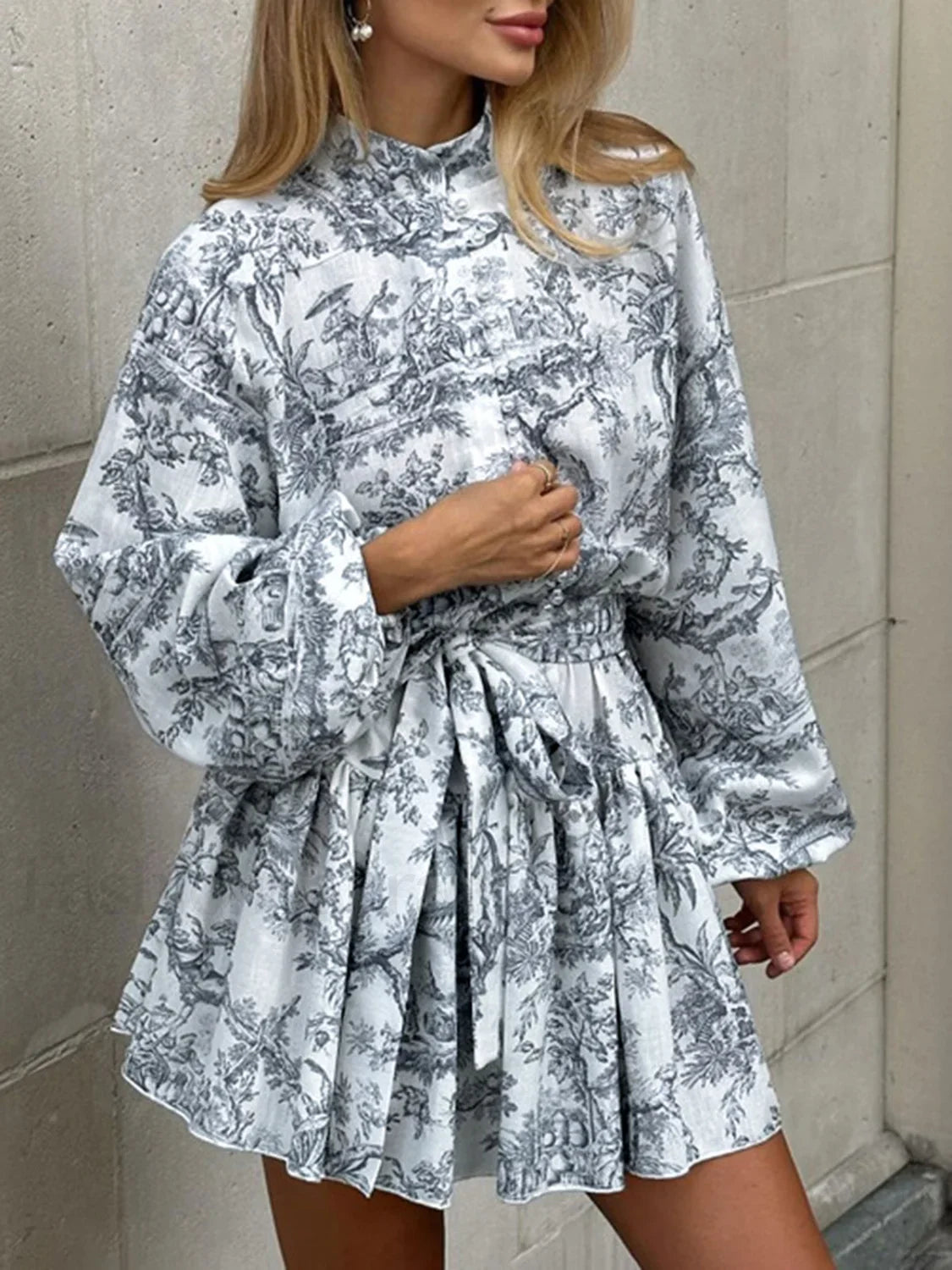 Ink Painting Print Tie Modern Up A Line Short Dress Grey / XS Dresses