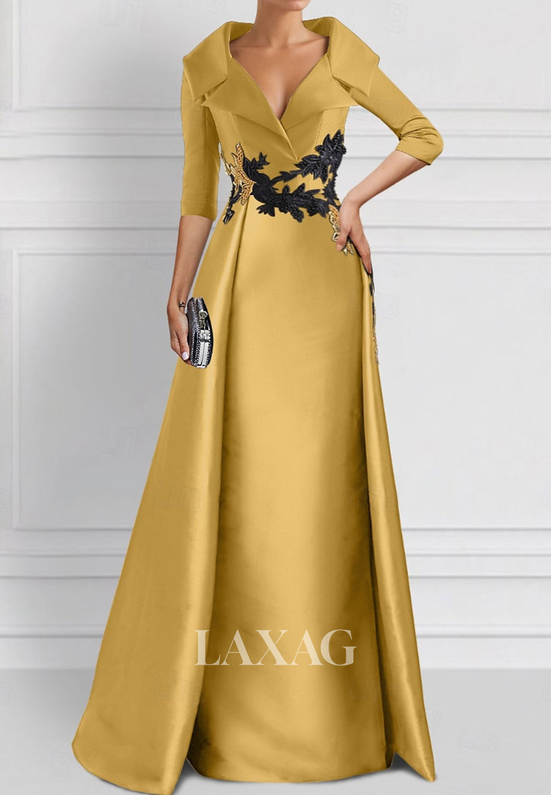 V-Neck Half-Sleeves Embroidered Party Gowns Plated Foor-Length Satin Mermaid Wedding Guest Dress