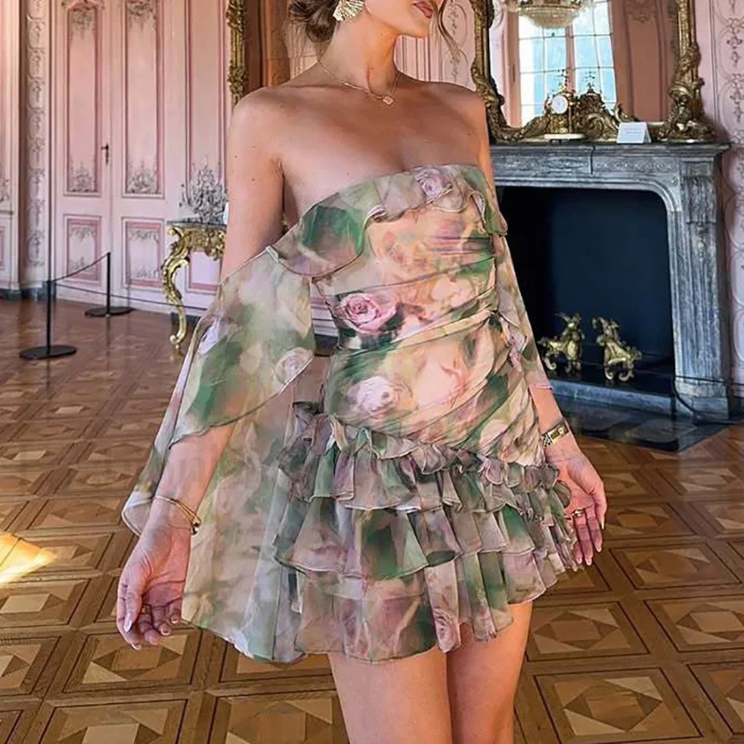 Irregular Ruffle Chiffon Floral Dress