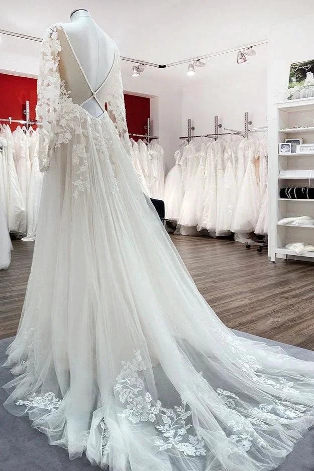 Ivory A-line Tulle Long Sleeves Lace Appliques Open Back Wedding Dresses (ZD15181)