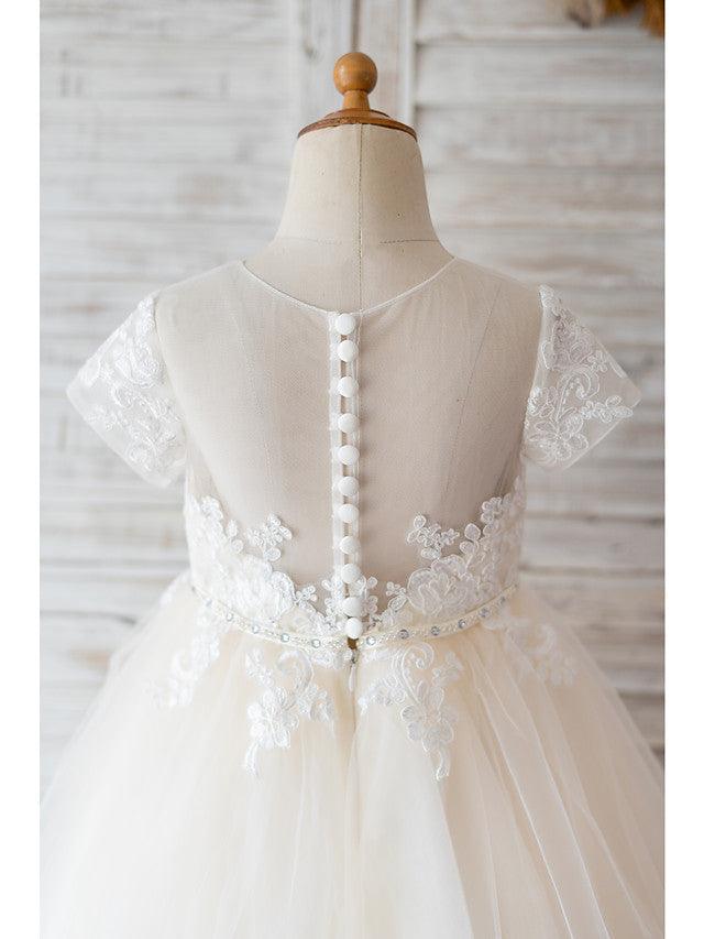 Ivory Ball Gown Tulle Jewel Neck Wedding Birthday Flower Girl Dresses - View 4 | VelvetHem