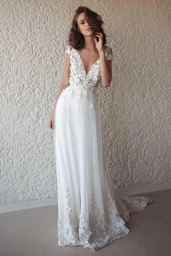 Ivory Cap Sleeve See Through Wedding Dresses Beach Bridal Dress WD332 by pgmdress