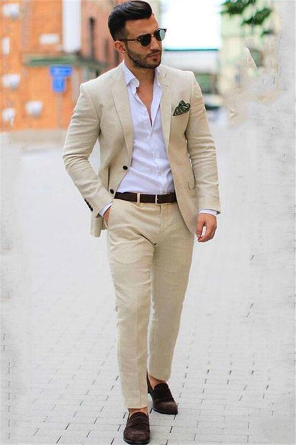 Ivory Casual Summer Two-piece Linen Blazer Mens Suits Beige Slim-Fit Groom Wedding Tuxedo