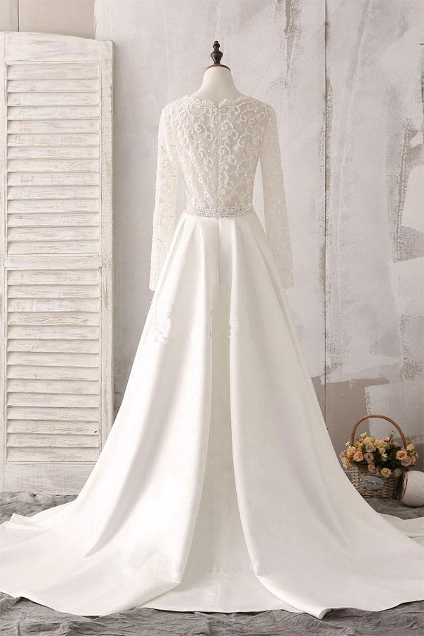 Ivory Lace and Satin V-neck Long Sleeve Beaded Wedding Dress (ZD15455)