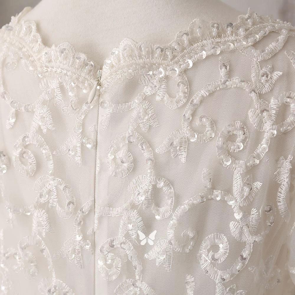 Ivory Lace and Satin V-neck Long Sleeve Beaded Wedding Dress (ZD15455)