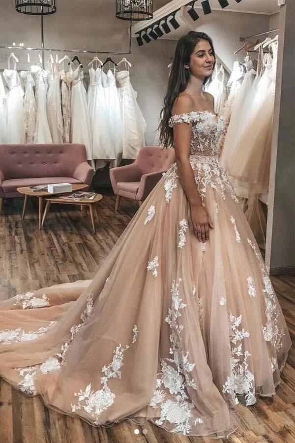 Ivory Lace Appliqued Champagne Off Shoulder Wedding Gowns Court Train (ZD15320)
