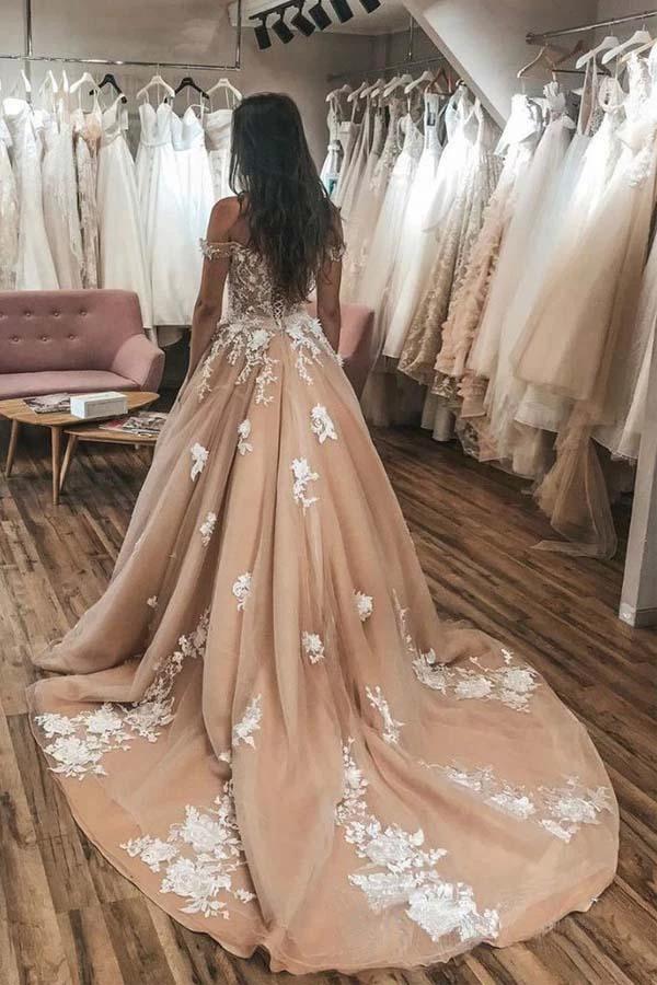Ivory Lace Appliqued Champagne Off Shoulder Wedding Gowns Court Train (ZD15320)