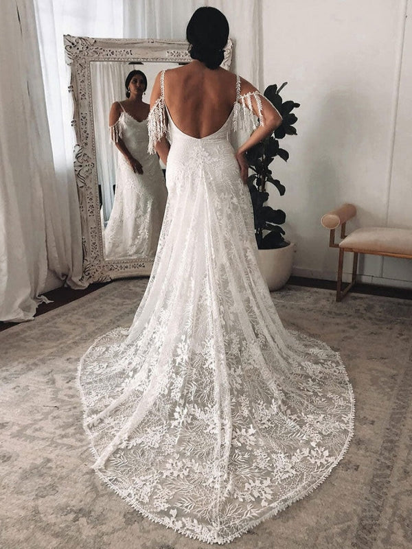 Boho Leaf Lace Spaghetti Strap Fringe Deep V Neck Sheath Wedding Dress