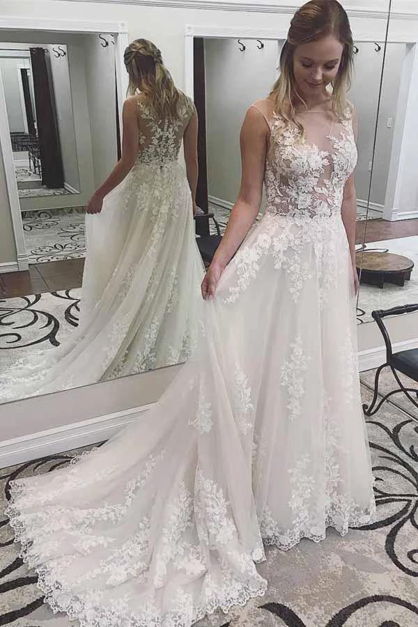 Ivory Lace Wedding Dresses See Through Applique with Court Train (ZD15399)