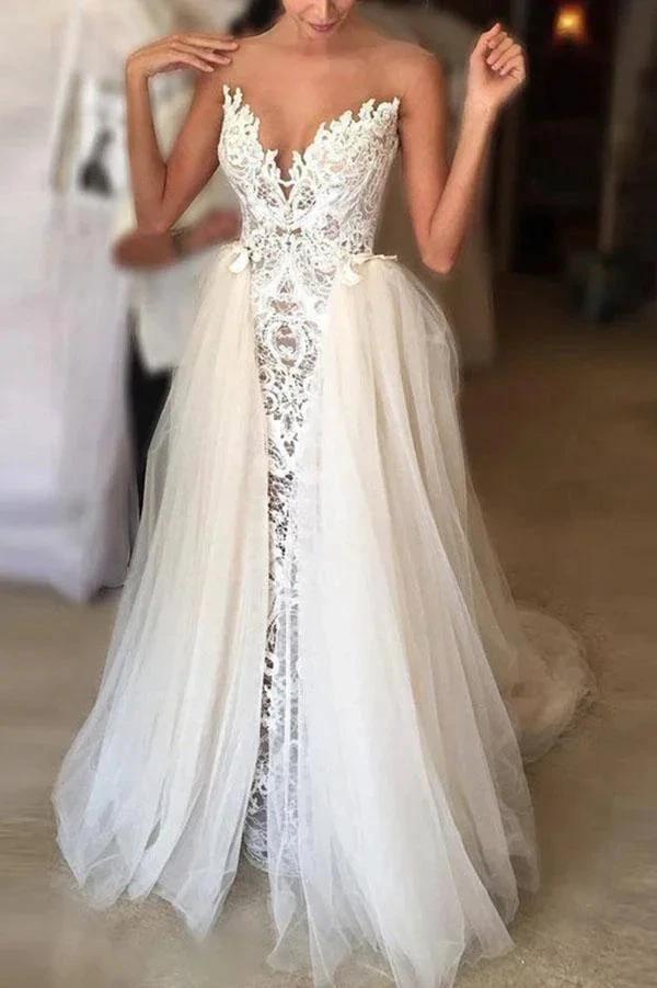 Ivory Long A-line Sweetheart Lace Tulle Wedding Dress (ZD15861)