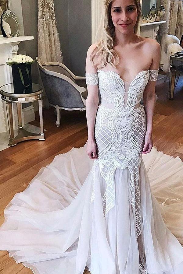 Ivory Long Mermaid Off-the-Shoulder Chapel Train Tulle Lace Wedding Dress (ZD15859)