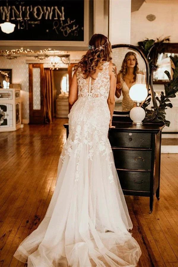 Ivory Long Mermaid V-neck Straps Tulle Lace Wedding Dress with Ruffles (ZD16705)