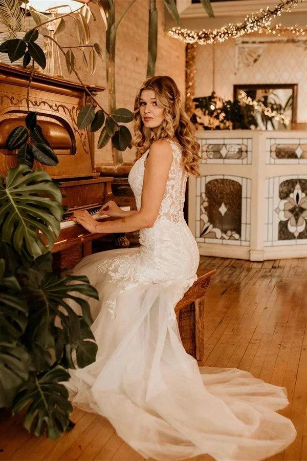 Ivory Long Mermaid V-neck Straps Tulle Lace Wedding Dress with Ruffles (ZD16705)
