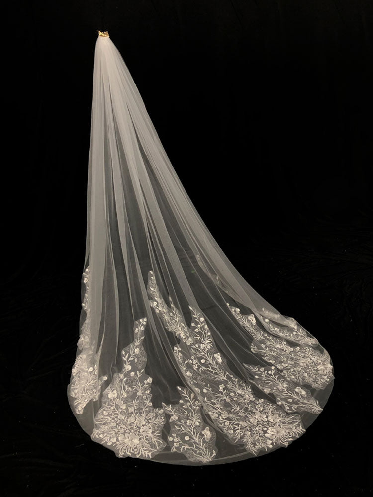 Ivory One-Tier Tulle Lace Applique Edge Waterfall Long Wedding Veil