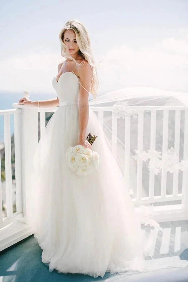 Ivory Tulle Destination Sweetheart Spaghetti Strap  Wedding Dress (ZD16056)