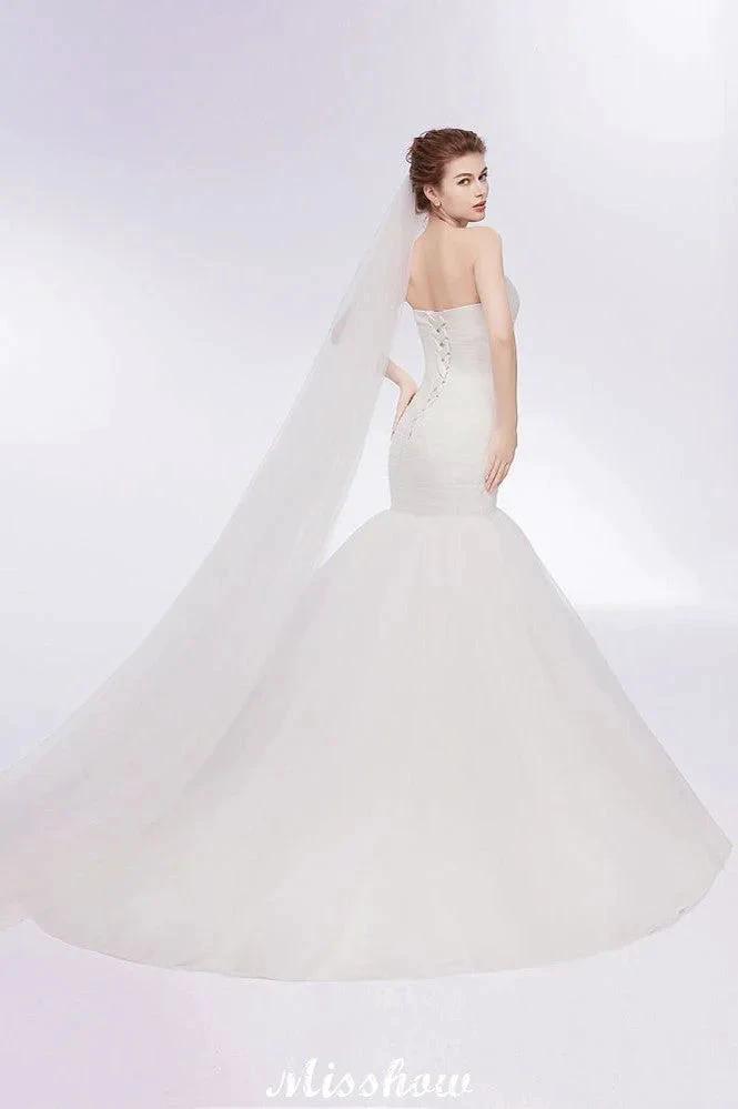 Ivory Tulle Sweetheart Mermaid Strapless Wedding Dresses with Lace-up (ZD13955) - View 2 | VelvetHem