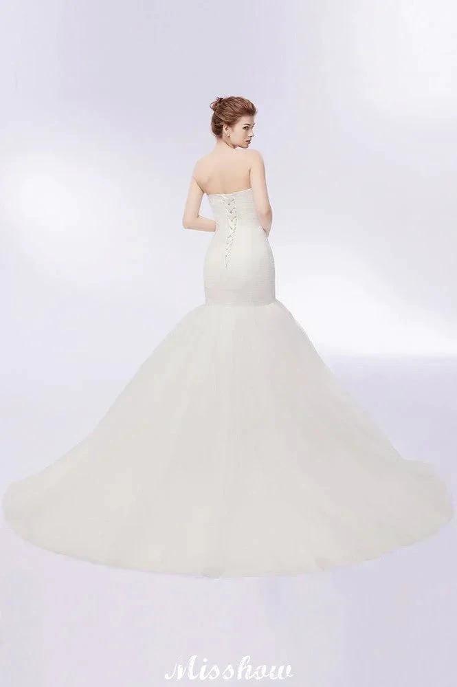 Ivory Tulle Sweetheart Mermaid Strapless Wedding Dresses with Lace-up (ZD13955)