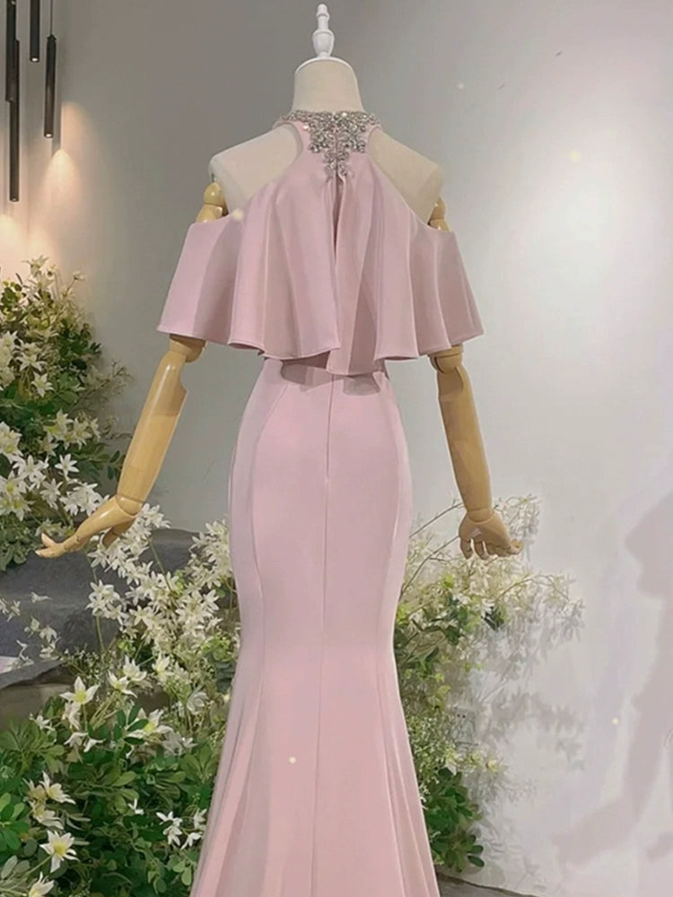Pink Mermaid Long Prom Dress Modest Evening Party Dress