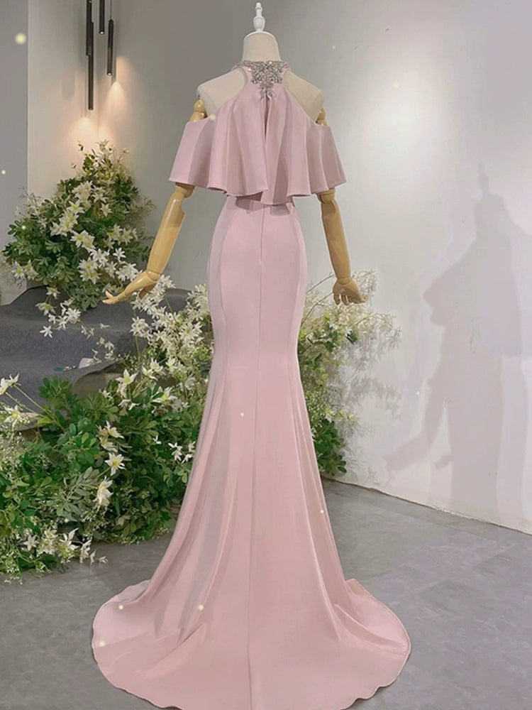 Pink Mermaid Long Prom Dress Modest Evening Party Dress