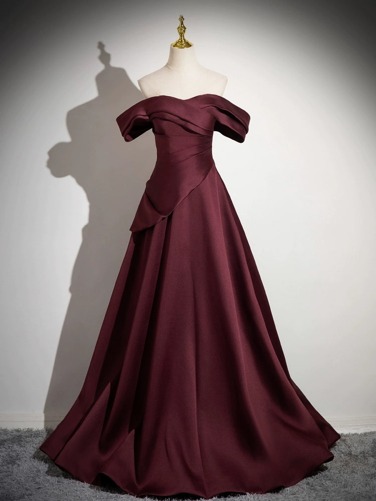 Off-the-Shoulder Burgundy Long Prom Dress Satin Evening Dress