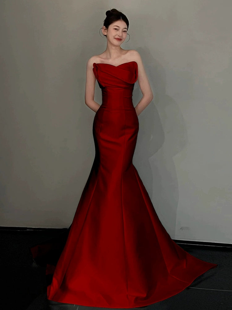 Burgundy Mermaid Long Prom Dress Satin Formal Evening Dress